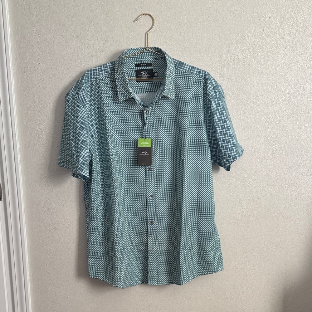 WRK Short Sleeve Casual Button-Down Shirt in Light Teal Geo Print - NWT